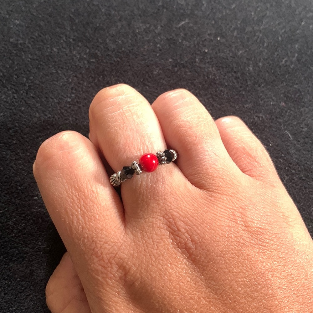 Silver tone ring with red coral